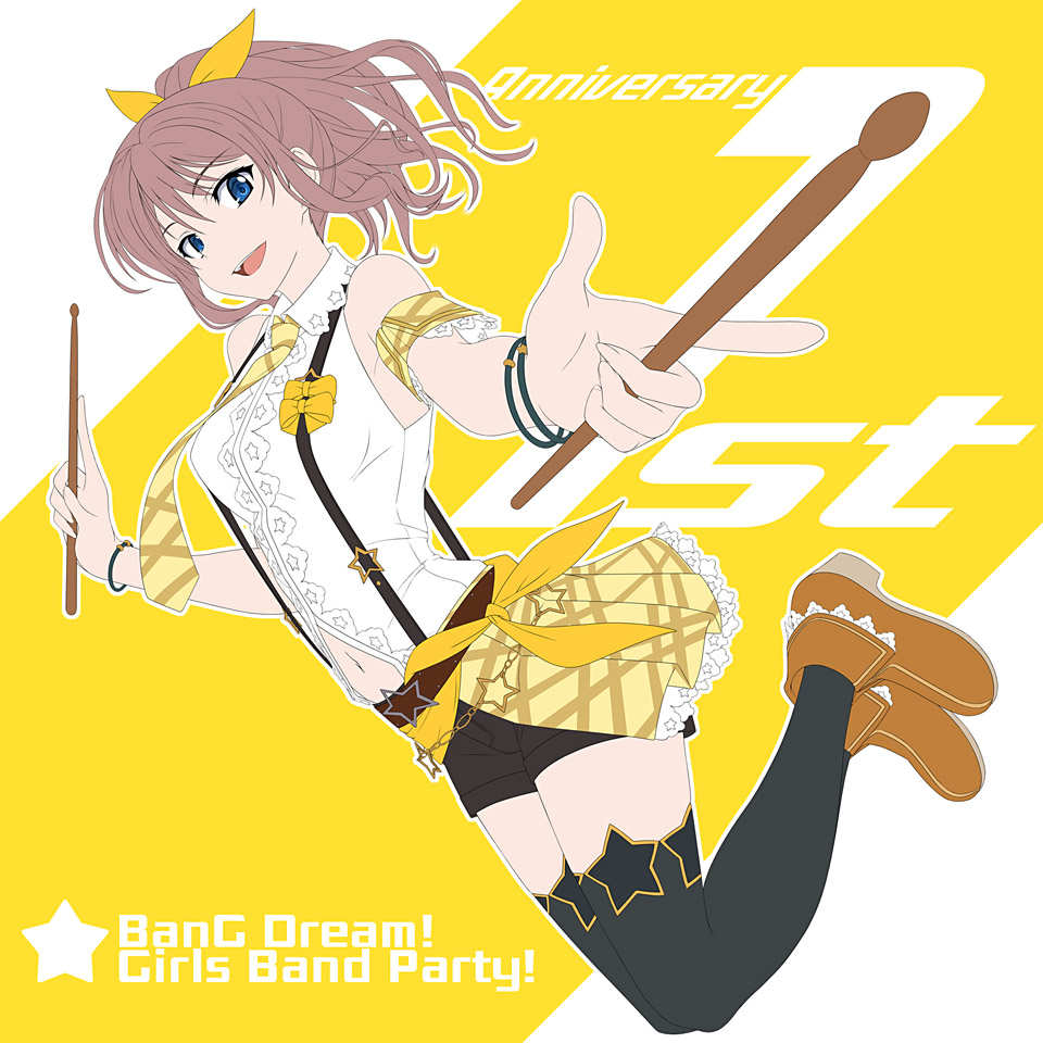 1girl anniversary bang_dream! banned_artist black_shorts blue_eyes bracelet brown_hair copyright_name drumsticks full_body hiviki_n'alchemy jewelry navel open_mouth ponytail shirt short_shorts shorts sleeveless sleeveless_shirt smile solo star_(symbol) suspenders thigh-highs yamabuki_saaya