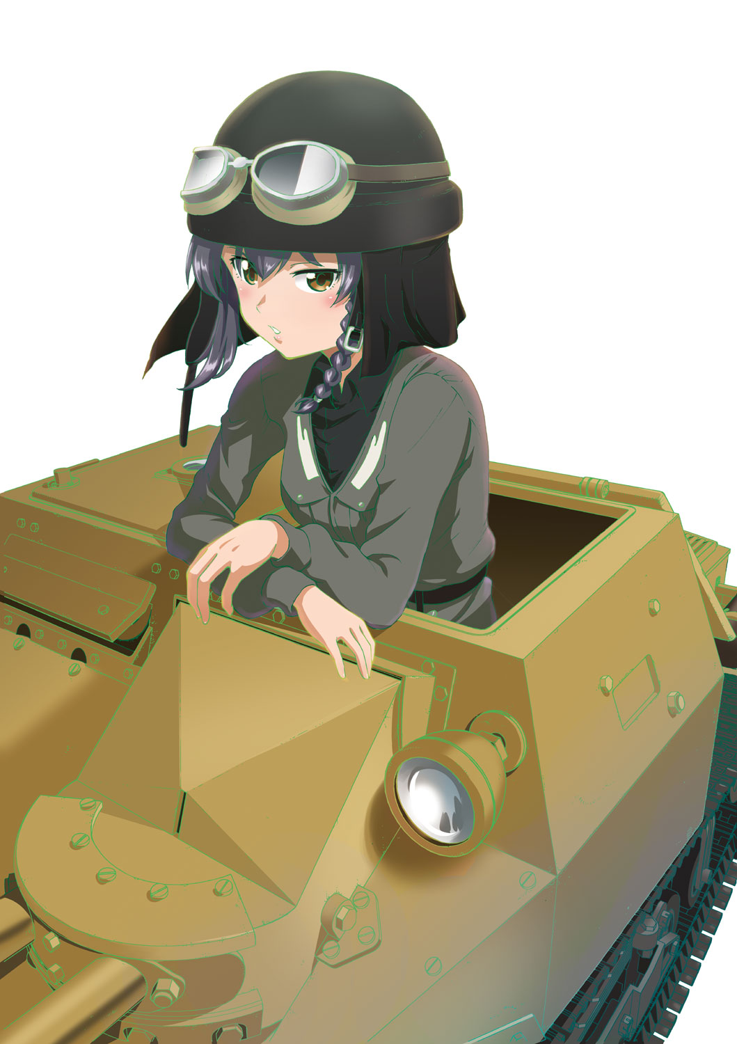 1girl anzio_military_uniform bangs black_hair black_shirt braid carro_veloce_cv-33 commentary_request girls_und_panzer goggles goggles_on_headwear grey_jacket ground_vehicle helmet highres jacket long_sleeves military military_vehicle motor_vehicle pepperoni_(girls_und_panzer) saitaniya_ryouichi shirt short_hair side_braid simple_background solo tank white_background