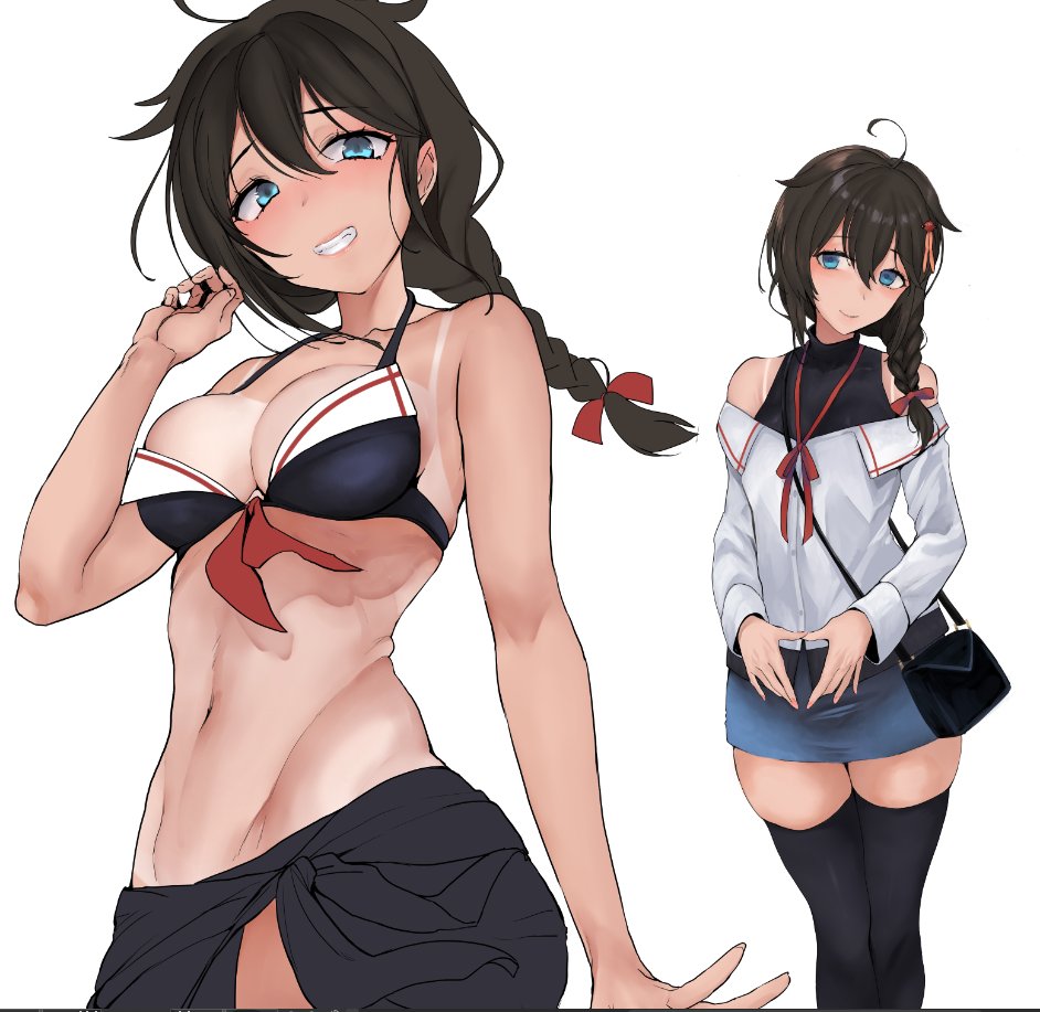 1girl ahoge bag bangs bikini black_bikini black_legwear blue_eyes blush breasts brown_hair denim denim_skirt grin hair_between_eyes hair_flaps hair_ornament hair_ribbon kantai_collection long_hair long_sleeves looking_at_viewer medium_breasts multiple_views navel red_ribbon remodel_(kantai_collection) ribbon sailor_bikini sailor_collar sarong shigure_(kancolle) simple_background skindentation skirt smile swimsuit tan tanlines thigh-highs yukiguni_yuu