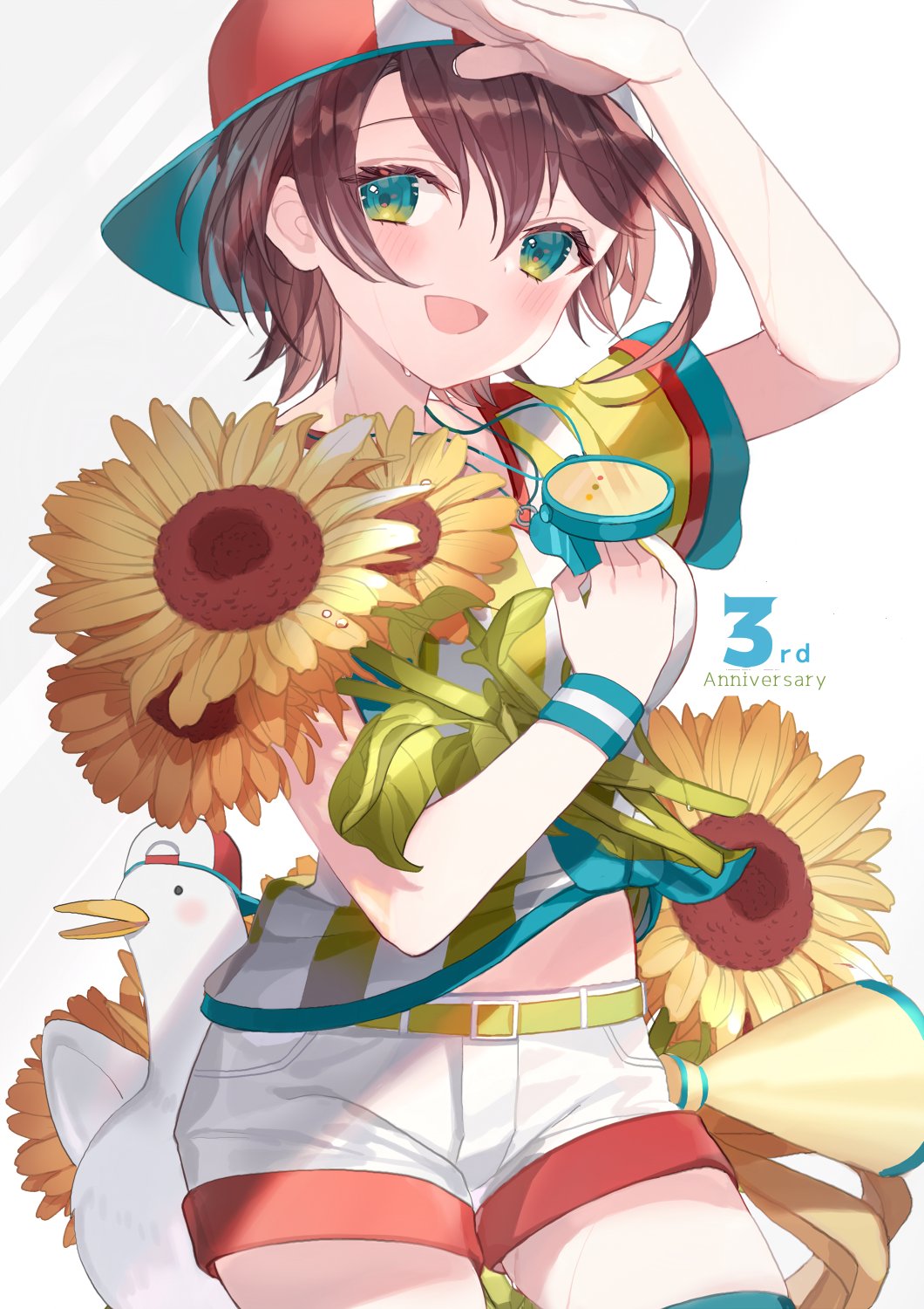 1girl :d arm_up backwards_hat bangs baseball_cap blush breasts brown_hair commentary_request cowboy_shot eyebrows_visible_through_hair flower hair_between_eyes hat highres holding holding_flower hololive looking_at_viewer medium_breasts oozora_subaru open_mouth red_headwear shirt short_hair short_shorts short_sleeves shorts simple_background siohanabi smile standing stopwatch stopwatch_around_neck striped striped_shirt subaru_duck sunflower vertical-striped_shirt vertical_stripes virtual_youtuber watch whistle whistle_around_neck white_background white_shorts wristband
