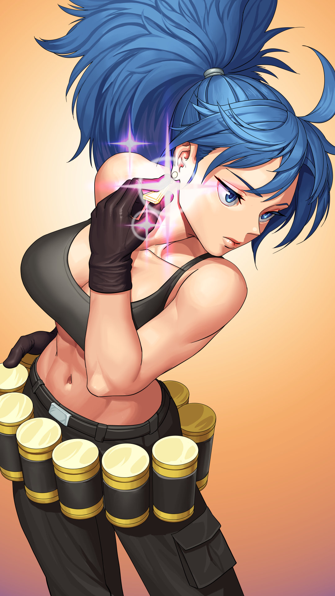 1girl bangs bare_shoulders belt black_tank_top blue_eyes blue_hair breasts earring_removed earrings gloves highres jewelry leona_heidern lyoung0j navel ponytail solo tank_top the_king_of_fighters the_king_of_fighters_xiii triangle_earrings