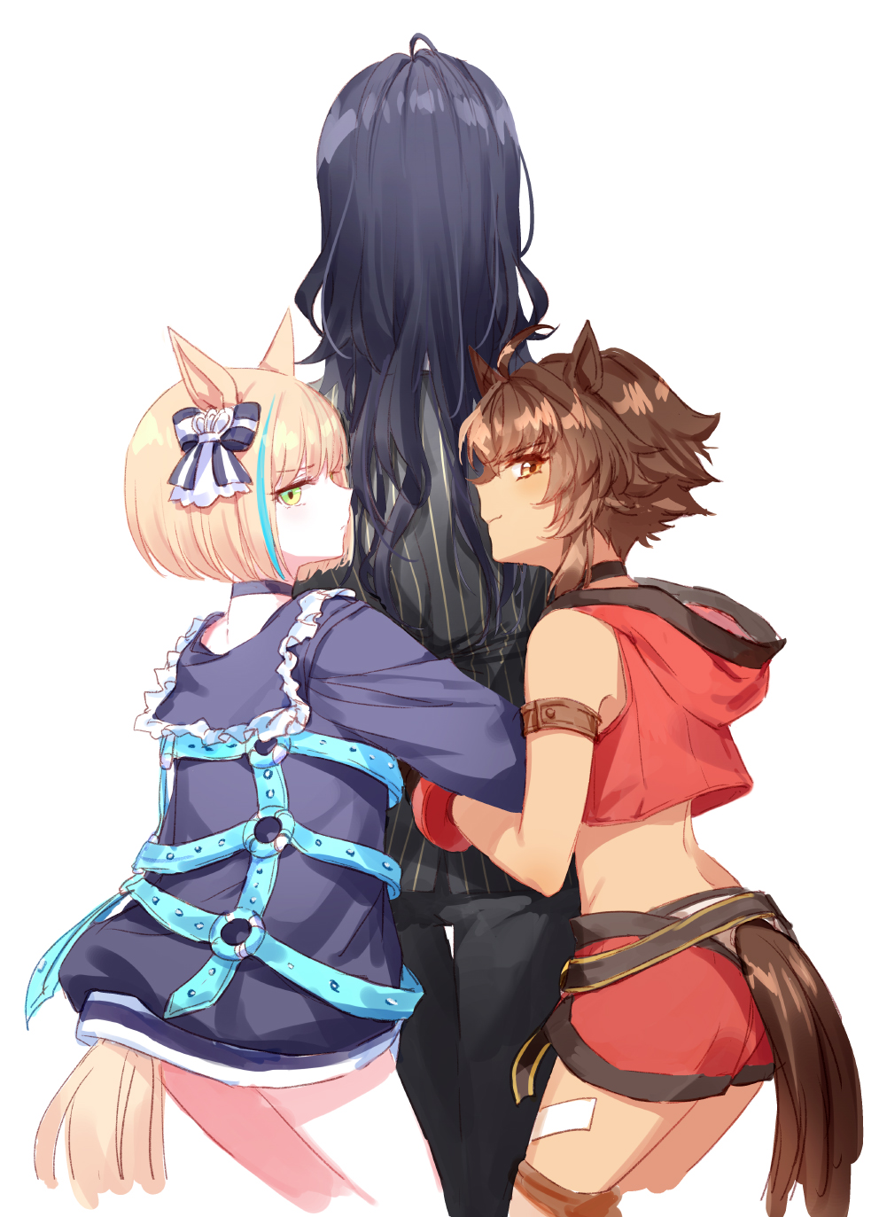 3girls animal_ears bitter_glasse_(umamusume) black_choker black_pants blue_hair bow brown_hair choker dress ear_bow facing_away formal frilled_sailor_collar frills from_behind girl_sandwich highres hood hoodie horse_ears horse_girl horse_tail hug kashimoto_riko light_brown_hair little_cocon_(umamusume) looking_at_viewer looking_to_the_side multicolored_hair multiple_girls pant_suit pants pinstripe_pattern pinstripe_suit profile purple_choker purple_dress red_hoodie romi_(346_ura) sailor_collar sandwiched short_hair sleeveless sleeveless_hoodie streaked_hair striped striped_bow suit tail umamusume yellow_eyes