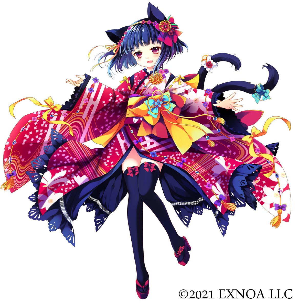1girl :d animal_ears bangs black_hair black_legwear blue_bow blush bow cat_ears cat_girl cat_tail commentary_request copyright_request egasumi eyebrows_visible_through_hair fang floral_print full_body japanese_clothes kimono long_sleeves multiple_tails obi official_art open_mouth print_kimono red_eyes red_footwear red_kimono sakurazawa_izumi sash short_hair simple_background sleeves_past_wrists smile solo tail tail_bow tail_ornament thigh-highs two_tails watermark white_background wide_sleeves yellow_bow zouri