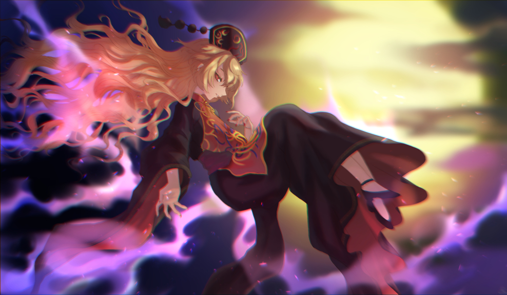 1girl alice_tam aura bangs blonde_hair breasts brown_sash chinese_clothes clouds cloudy_sky energy expressionless eyebrows_visible_through_hair floating_hair fox_tail high_heels junko_(touhou) large_breasts long_hair long_sleeves looking_at_viewer moon multiple_tails nail_polish night night_sky obi phoenix_crown red_eyes red_nails sash sky solo tail tassel touhou wide_sleeves