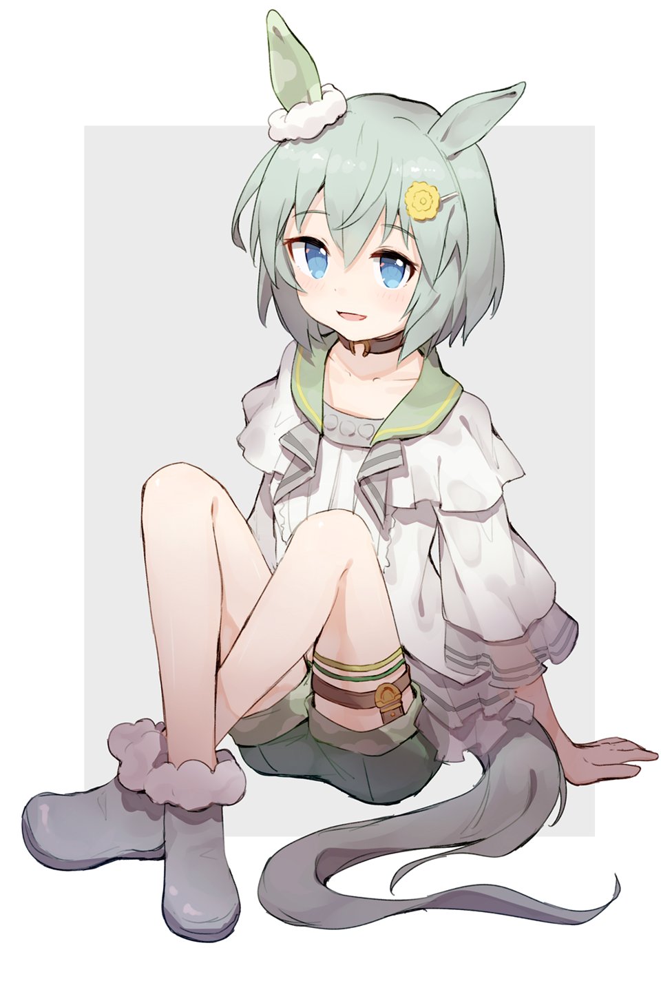1girl :d animal_ears blue_eyes choker collarbone crossed_ankles eyebrows_visible_through_hair full_body green_hair grey_background hair_ornament hairclip highres horse_ears horse_girl horse_tail looking_at_viewer open_mouth seiun_sky_(umamusume) shone short_hair shorts simple_background single_ear_cover sitting smile solo tail thigh_strap umamusume wide_sleeves