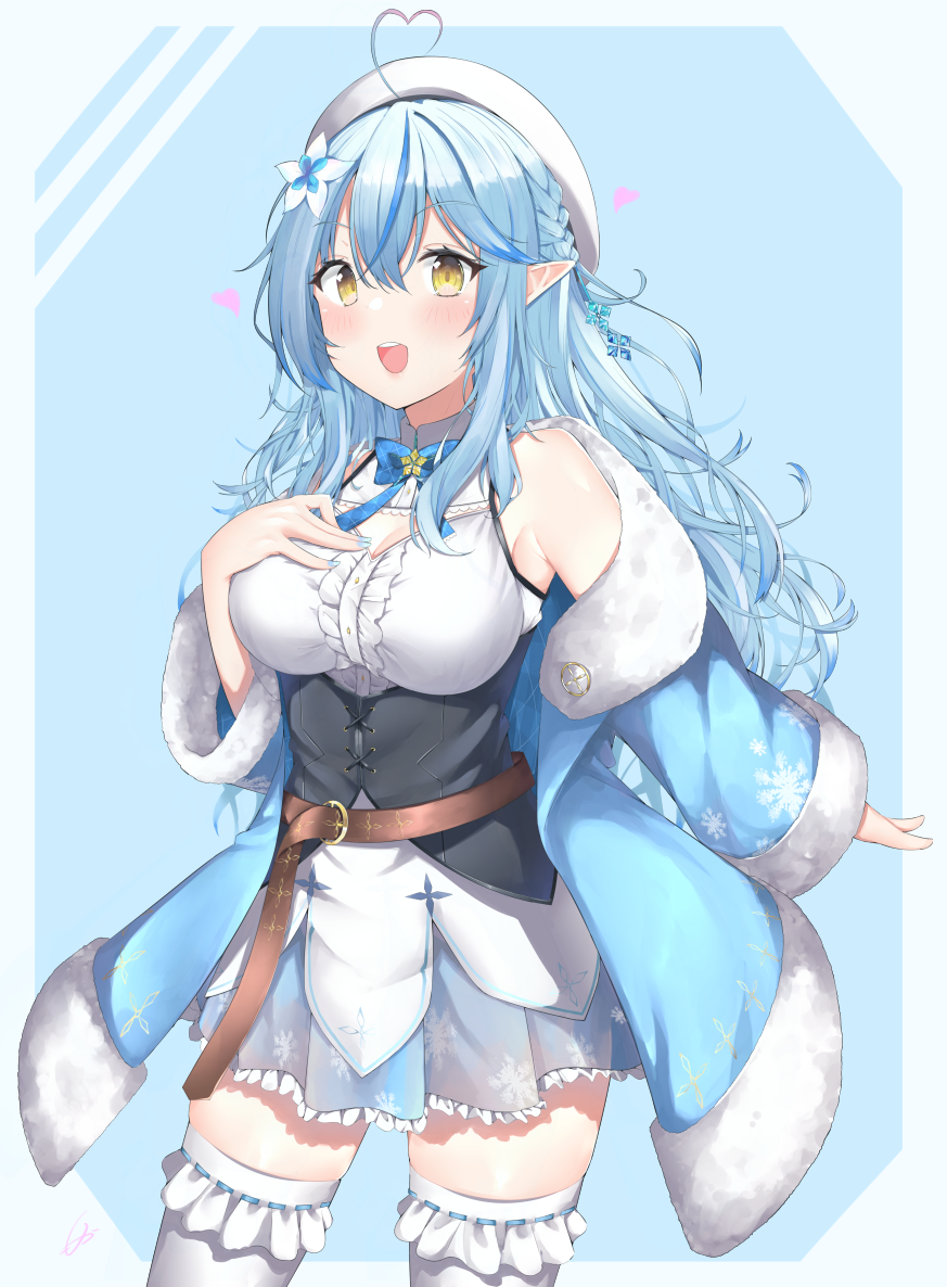 1girl :d ahoge bangs belt beret blue_bow blue_coat blue_hair blue_legwear blue_nails blue_skirt blush bow braid breasts brown_belt center_frills coat commentary_request corset cowboy_shot elf eyebrows_visible_through_hair frilled_legwear frills hair_between_eyes hand_on_own_chest hat heart_ahoge hololive large_breasts long_hair long_sleeves looking_at_viewer mocacoco339 multicolored_hair nail_polish off_shoulder open_clothes open_coat open_mouth pointy_ears print_coat print_skirt ribbon-trimmed_legwear ribbon_trim shirt signature simple_background skirt smile snowflake_print solo standing streaked_hair thigh-highs upper_teeth virtual_youtuber white_headwear white_shirt yellow_eyes yukihana_lamy
