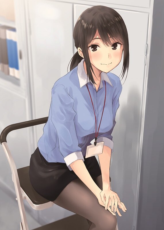 1girl black_eyes black_hair black_legwear black_skirt blue_shirt blurry blurry_background blush breasts closed_mouth collared_shirt commentary douki-chan_(douki-chan) dress_shirt feet_out_of_frame ganbare_douki-chan hands_together hiwatari_rin id_card indoors ladder lanyard looking_at_viewer medium_breasts medium_hair miniskirt office_lady pantyhose ponytail second-party_source shirt sidelocks sitting skirt smile solo stepladder