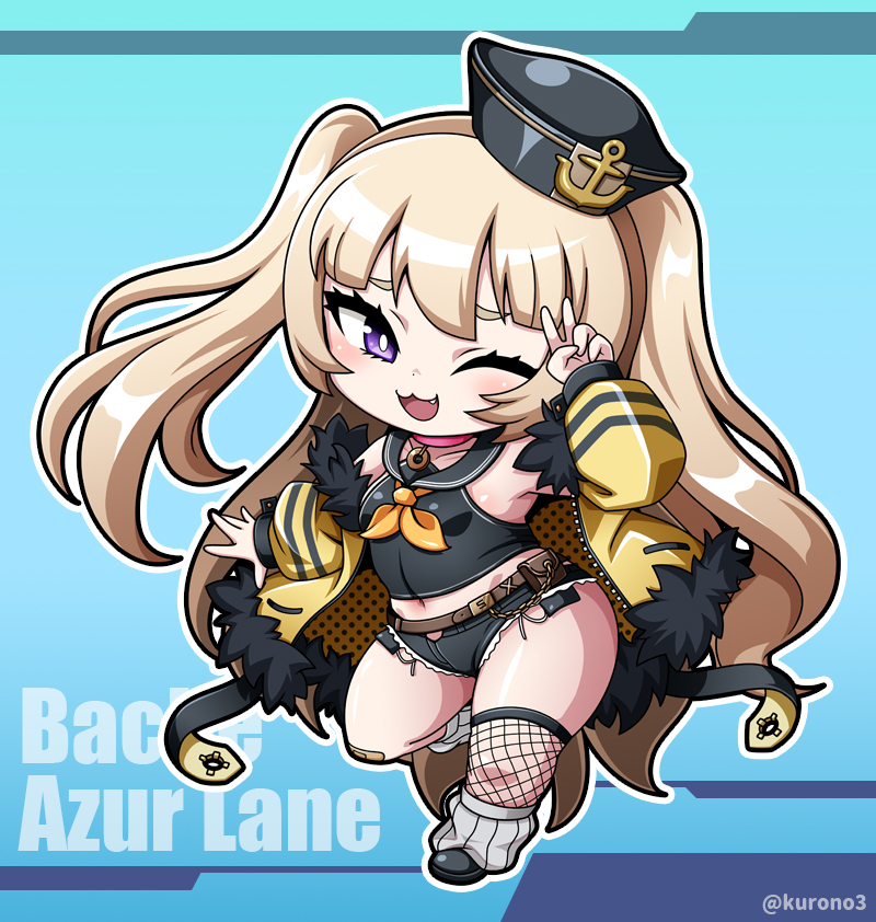 1girl ;d anchor_symbol arm_up azur_lane bache_(azur_lane) bandaid bandaid_on_knee bangs bare_shoulders belt belt_pouch black_footwear black_headwear black_sailor_collar black_shirt black_shorts blonde_hair blue_background blunt_bangs breasts brown_belt character_name chibi collar commentary_request copyright_name crop_top cutoffs exposed_pocket fang fishnet_legwear fishnets full_body fur-trimmed_jacket fur_trim hat jacket kurono long_hair long_sleeves looking_at_viewer loose_socks micro_shorts midriff navel neckerchief off_shoulder one_eye_closed open_mouth outline pink_collar pouch sailor_collar sailor_hat shirt shoes shorts sidelocks single_thighhigh skindentation sleeveless sleeveless_shirt small_breasts smile solo standing standing_on_one_leg thigh-highs twitter_username two_side_up v violet_eyes yellow_jacket yellow_neckwear