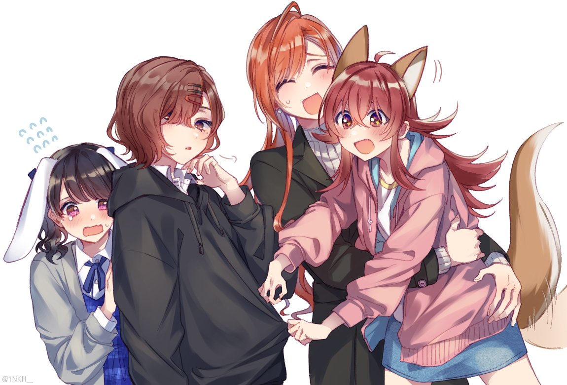 4girls ahoge animal_ears arisugawa_natsuha artist_request black_coat black_hair black_hoodie blue_ribbon blue_skirt brown_hair cardigan closed_eyes coat denim denim_skirt dog_ears dog_tail fangs flying_sweatdrops fukumaru_koito hair_ornament hair_over_one_eye hair_ribbon hairclip higuchi_madoka hood hooded_jacket hoodie idolmaster idolmaster_shiny_colors jacket komiya_kaho long_hair long_sleeves mole mole_under_eye multiple_girls neck_ribbon open_mouth orange_hair rabbit_ears red_eyes redhead ribbon short_hair skin_fangs skirt sweater symbol-only_commentary tail tail_wagging tears turtleneck turtleneck_sweater twintails violet_eyes white_background