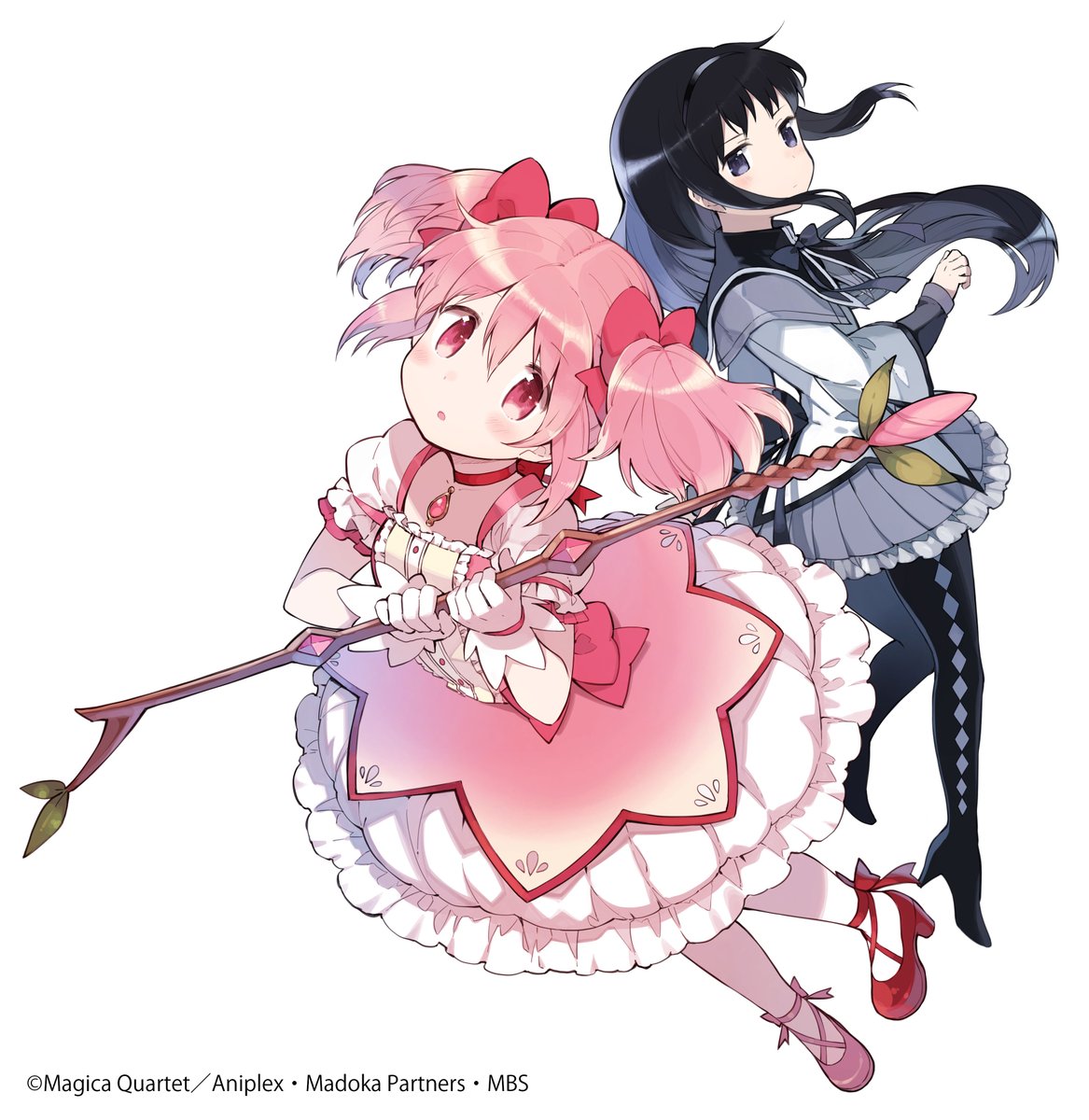 2girls akemi_homura aniplex ankle_ribbon argyle argyle_legwear back-to-back back_bow black_bow black_hair black_legwear black_ribbon bow bow_(weapon) bubble_skirt bud buttons capelet center_frills choker clenched_hand closed_mouth collarbone commentary_request cross-laced_footwear dot_nose dutch_angle expressionless eyebrows_visible_through_hair flat_chest floating_hair frilled_skirt frilled_sleeves frills from_above full_body gloves grey_capelet grey_skirt hair_between_eyes hair_ribbon hands_up hanokage head_tilt high_heels highres holding holding_bow_(weapon) holding_weapon jitome kaname_madoka knees_together_feet_apart leaf light_blush long_hair long_sleeves looking_at_viewer looking_up mahou_shoujo_madoka_magica multiple_girls neck_ribbon official_art pantyhose parted_lips pink_bow pink_eyes pink_hair pink_ribbon pleated_skirt puffy_short_sleeves puffy_sleeves red_choker red_footwear ribbon shiny shiny_hair shoes short_sleeves short_twintails simple_background skirt sleeves_past_wrists soul_gem tareme twintails waist_bow weapon white_background white_gloves white_legwear white_skirt wide-eyed