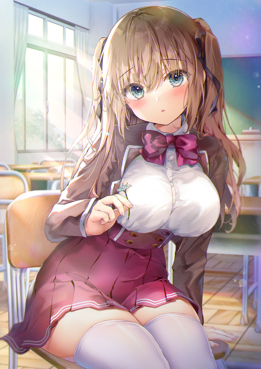 1girl arm_support bangs blush breasts brown_hair brown_jacket chair chalkboard classroom commentary_request curtains desk eyebrows_visible_through_hair flower green_eyes hair_between_eyes hair_ribbon highres holding holding_flower jacket kino_(kino_konomi) large_breasts long_hair long_sleeves looking_at_viewer nail_polish original parted_lips pleated_skirt red_eyes red_skirt ribbon school_chair school_desk school_uniform shirt sitting skirt solo sunlight thigh-highs thighs white_legwear white_shirt window wooden_floor zettai_ryouiki