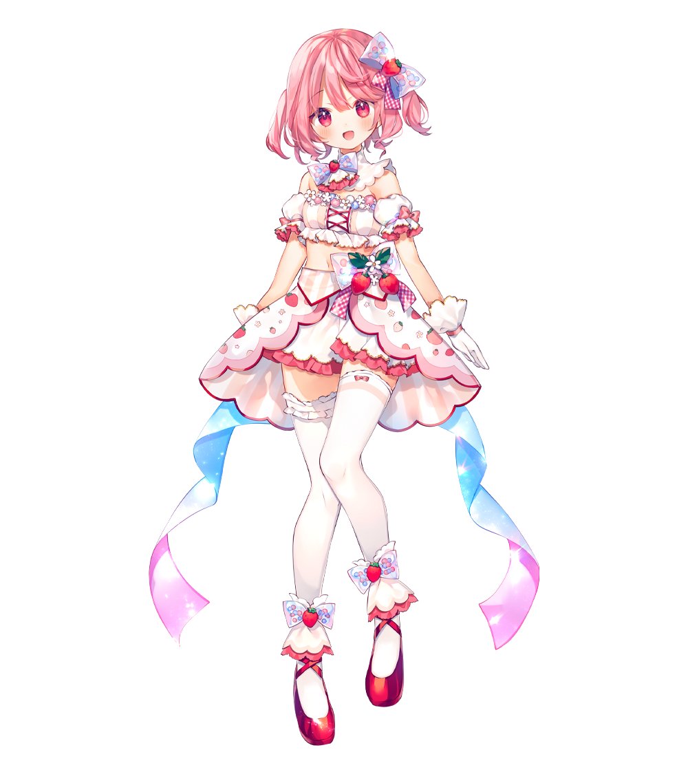 1girl ana_(rznuscrf) bangs blush bow detached_collar detached_sleeves frills full_body gloves hair_bow indie_virtual_youtuber maisaki_berry navel official_art open_mouth pink_eyes pink_hair puffy_short_sleeves puffy_sleeves red_footwear second-party_source short_sleeves two_side_up virtual_youtuber white_background white_gloves white_legwear