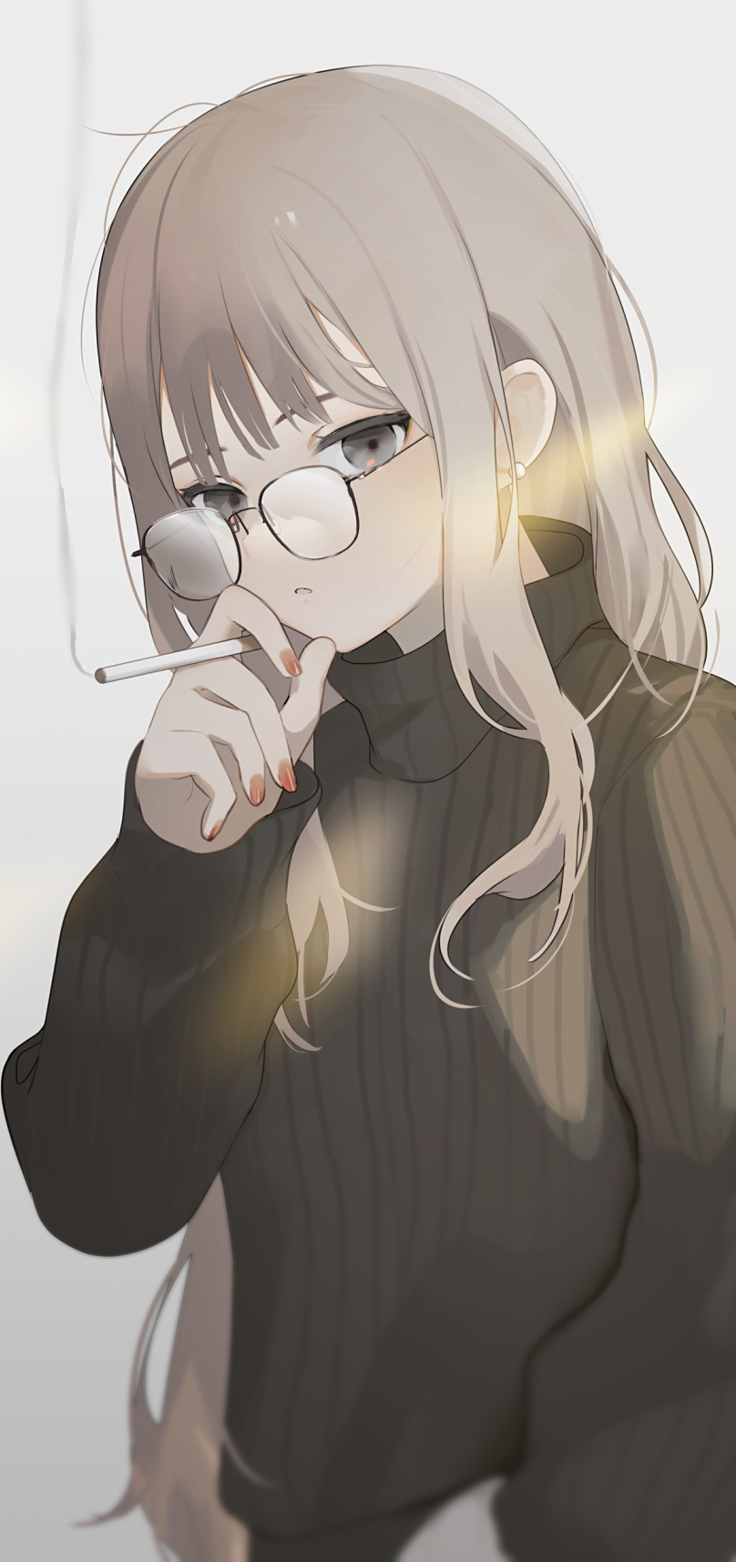 1girl black_sweater cigarette earrings glasses grey_eyes grey_hair highres holding holding_cigarette jewelry long_hair long_sleeves looking_at_viewer migihidari_(puwako) original parted_lips ribbed_sweater simple_background smoke smoking solo sweater upper_body white_background