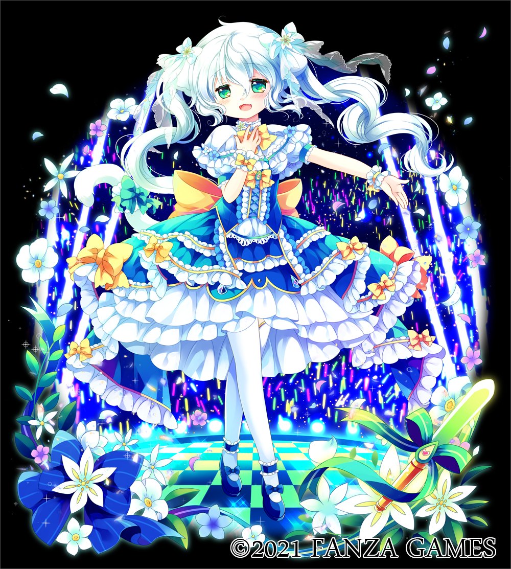 1girl :d bangs blue_bow blue_dress blue_flower blue_footwear bow capelet character_request checkered checkered_floor commentary_request dress eyebrows_visible_through_hair fang flower frilled_capelet frilled_dress frills fruits_fulcute! full_body green_bow green_eyes hair_between_eyes hair_bow long_hair official_art open_mouth outstretched_arm over-kneehighs petals pink_flower sakurazawa_izumi shoes smile solo striped striped_bow thigh-highs twintails very_long_hair watermark white_bow white_capelet white_flower white_hair white_legwear wrist_cuffs