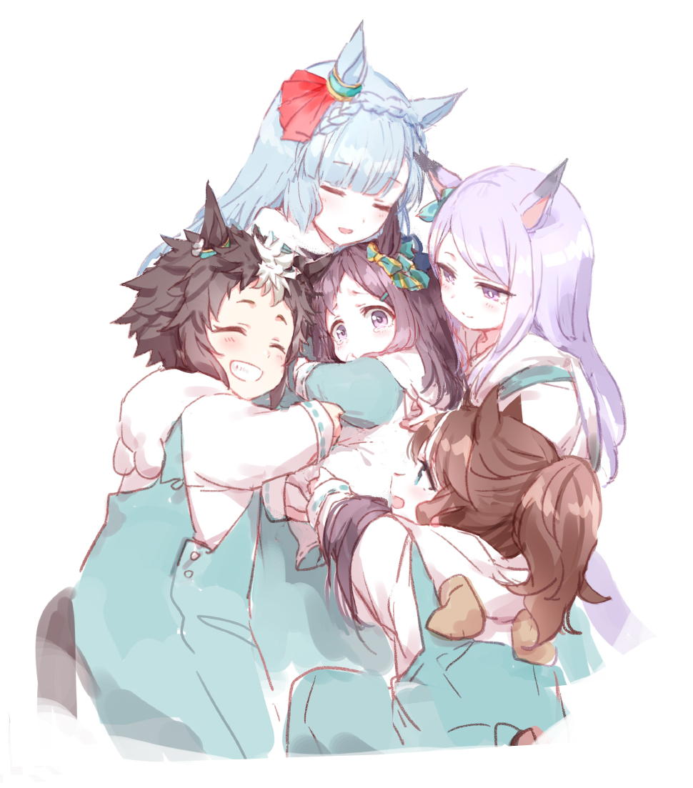 5girls :d ^_^ animal_ears black_hair blush braid brown_hair child closed_eyes commentary_request crown_braid ear_ornament ear_ribbon girl_sandwich grin horse_ears horse_tail light_blue_hair light_purple_hair long_hair mejiro_ardan_(umamusume) mejiro_dober_(umamusume) mejiro_mcqueen_(umamusume) mejiro_palmer_(umamusume) mejiro_ryan_(umamusume) multiple_girls open_mouth overalls ponytail profile purple_hair red_ribbon ribbon romi_(346_ura) sandwiched short_hair smile tail tears thumb_sucking umamusume violet_eyes younger