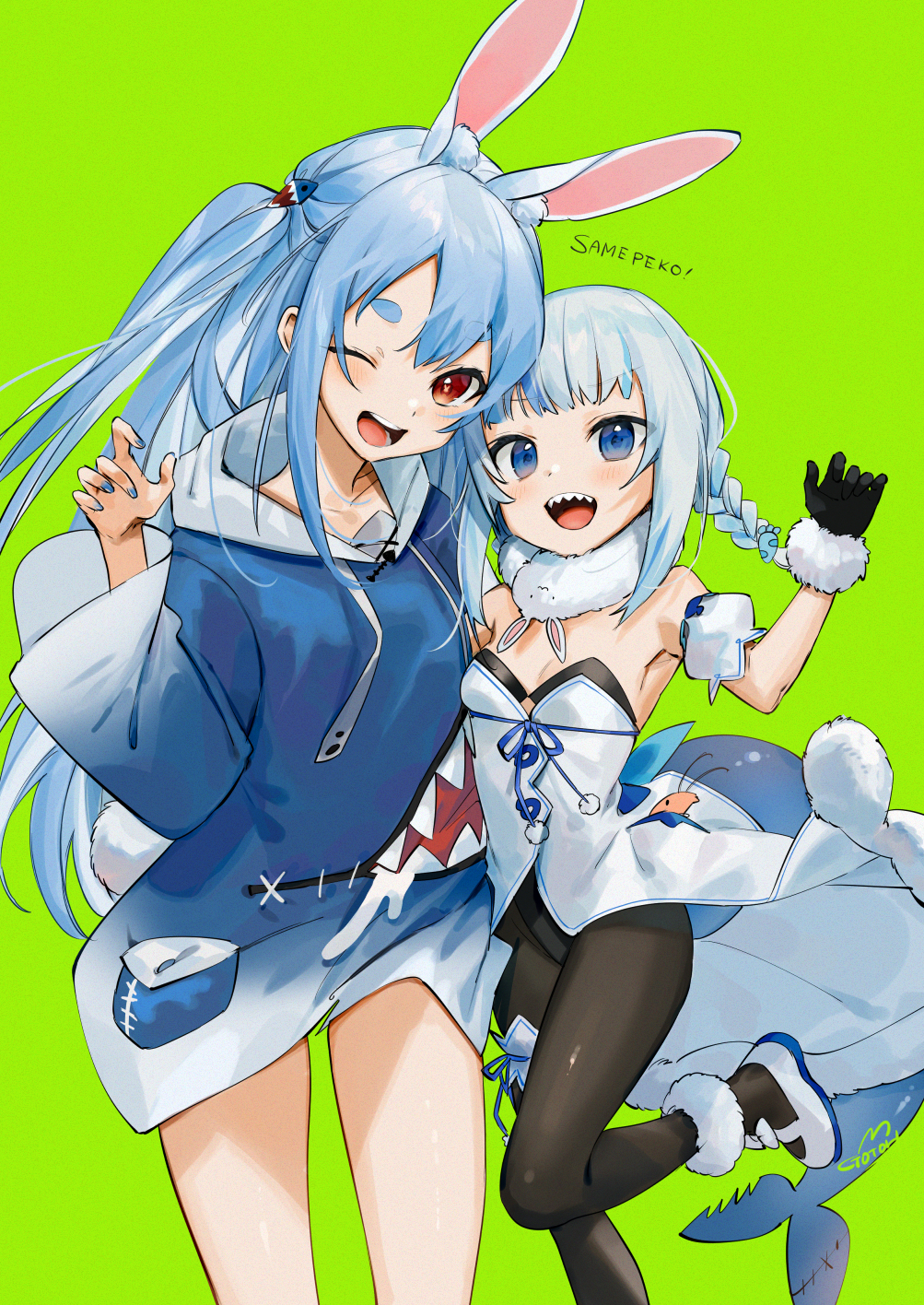 2girls ;d alternate_hairstyle animal_ear_fluff animal_ears bangs bare_shoulders black_gloves black_legwear black_leotard blue_eyes blue_hair blue_nails braid breasts bunny-shaped_pupils commentary_request cosplay costume_switch detached_sleeves don-chan_(usada_pekora) fish_tail fur-trimmed_gloves fur_trim gawr_gura gawr_gura_(cosplay) gloves gotoh510 green_background hairstyle_switch highres hololive hololive_english hood hoodie leotard long_hair looking_at_viewer medium_hair multicolored_hair multiple_girls nail_polish one_eye_closed open_mouth pantyhose puffy_detached_sleeves puffy_sleeves rabbit_ears rabbit_tail red_eyes romaji_text shark_tail sharp_teeth short_eyebrows silver_hair simple_background small_breasts smile streaked_hair tail teeth thick_eyebrows two_side_up usada_pekora usada_pekora_(cosplay) very_long_hair virtual_youtuber