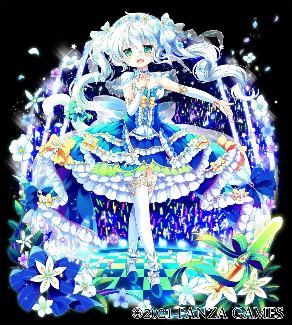 1girl :d bangs blue_bow blue_dress blue_flower blue_footwear bow breasts capelet character_request checkered checkered_floor dress eyebrows_visible_through_hair fang flower frilled_dress frills fruits_fulcute! full_body garter_straps green_bow green_eyes hair_between_eyes hair_bow long_hair medium_breasts official_art open_mouth outstretched_arm petals pink_flower sakurazawa_izumi see-through shoes smile solo sparkle striped striped_bow thigh-highs twintails very_long_hair watermark white_bow white_flower white_hair white_legwear wrist_cuffs