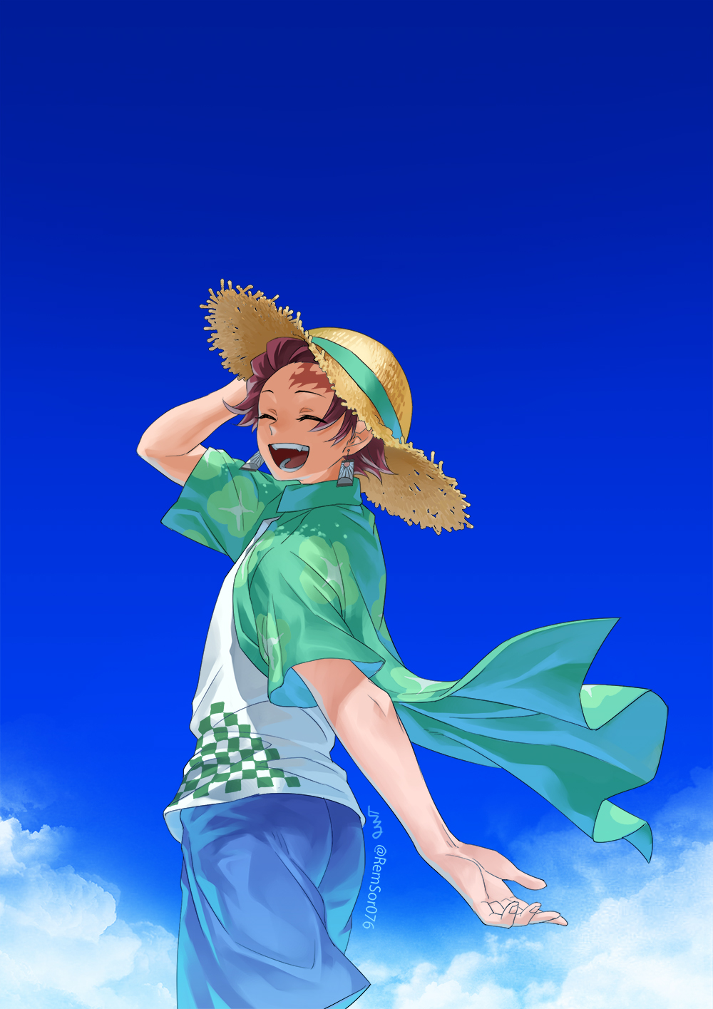 1boy :d ^_^ blue_shorts blue_sky closed_eyes earrings from_side green_shirt hat highres jewelry kamado_tanjirou kimetsu_no_yaiba open_clothes open_mouth open_shirt redhead remsor076 shirt short_hair short_sleeves shorts sky smile solo standing straw_hat sun_hat twitter_username white_shirt yellow_headwear