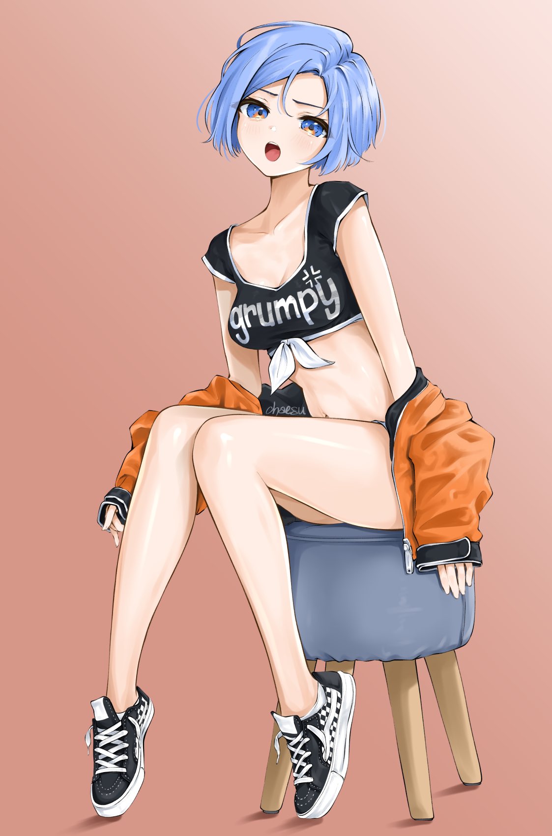 1girl alternate_hairstyle bare_legs black_footwear black_shirt blue_eyes blue_hair brown_background chaesu clothes_writing commentary crop_top gradient gradient_background highres jacket long_sleeves looking_at_viewer midriff minah_(chaesu) navel off_shoulder open_mouth orange_jacket original shirt shoes short_hair sitting sneakers solo stomach t-shirt thighs