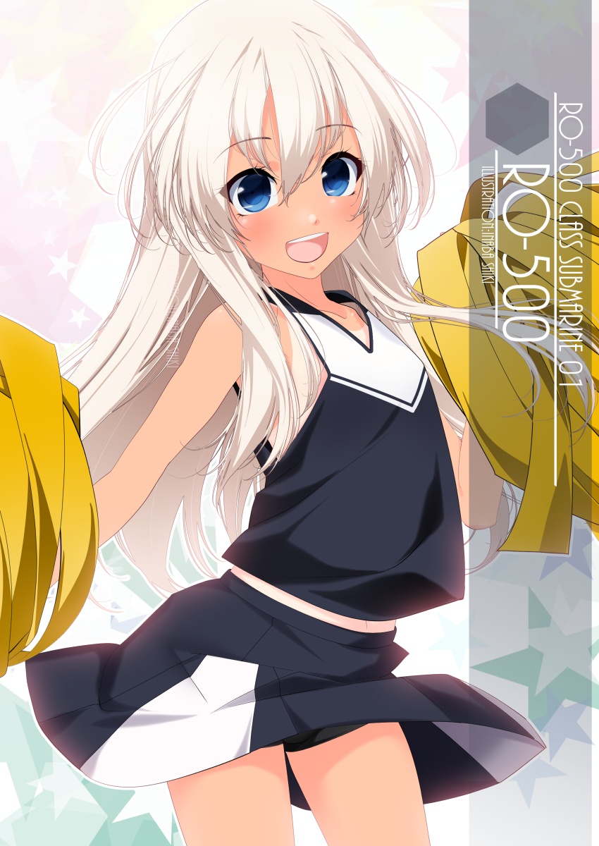 1girl artist_name bike_shorts blonde_hair blue_eyes character_name cheering cheerleader commentary_request cowboy_shot highres holding holding_pom_poms inaba_shiki kantai_collection long_hair looking_at_viewer miniskirt one-hour_drawing_challenge one-piece_tan open_mouth pleated_skirt pom_pom_(cheerleading) ro-500_(kancolle) shirt short_shorts shorts skirt sleeveless sleeveless_shirt smile solo tan tanlines upper_teeth