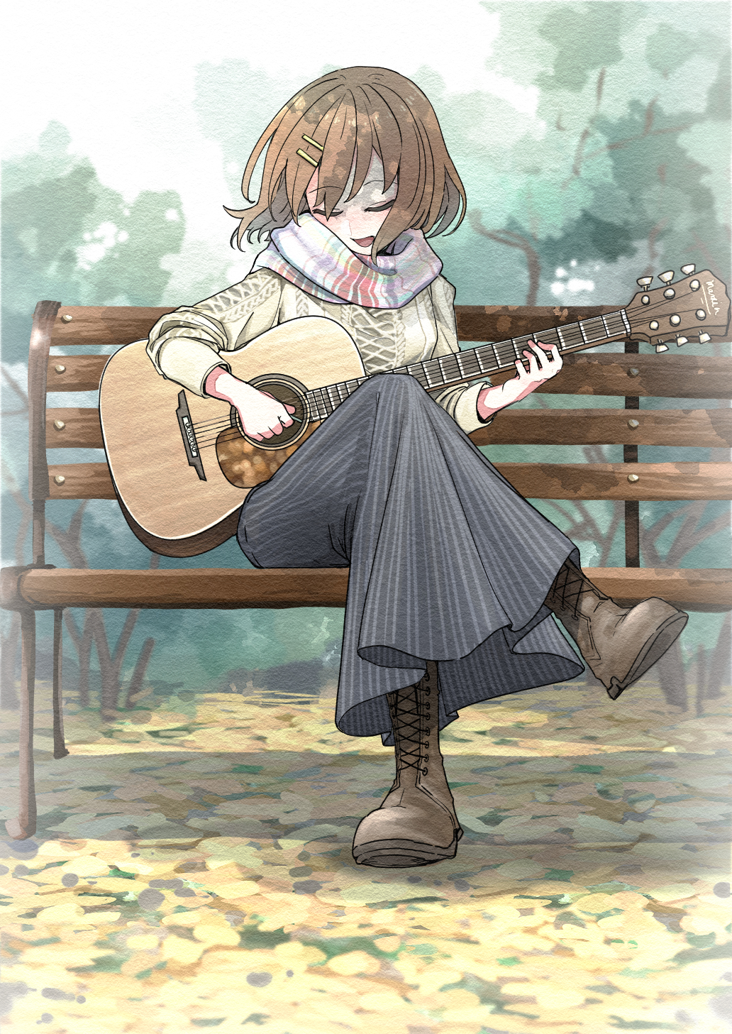 1girl acoustic_guitar aran_sweater autumn_leaves bangs bench bob_cut boots brown_footwear brown_hair brown_legwear casual closed_eyes commentary cross-laced_footwear crossed_legs etokakaitari foliage full_body guitar hair_ornament hairclip head_down highres hirasawa_yui holding holding_instrument holding_plectrum instrument k-on! knee_boots lace-up_boots leaf long_skirt long_sleeves music on_bench open_mouth outdoors park park_bench pinstripe_skirt playing_instrument plectrum scarf shaded_face shadow short_hair singing sitting skirt solo striped striped_neckwear sweater texture tree white_scarf white_sweater wind
