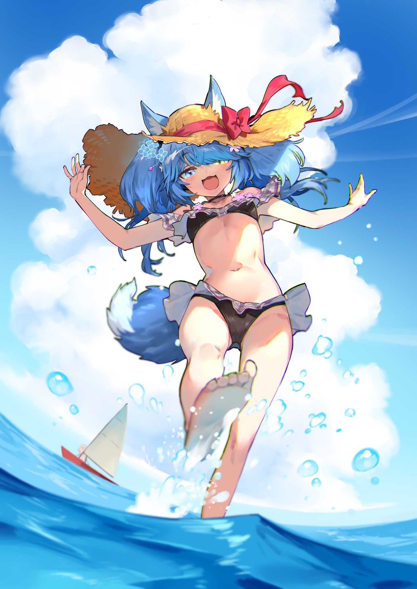 1girl :3 :d animal_ears bare_arms bare_legs barefoot bikini black_bikini blue_eyes blue_hair blush boat bow character_request clouds copyright_request cumulonimbus_cloud dot_nose from_below hat hat_bow heterochromia highres looking_at_viewer navel nonco ocean open_mouth outdoors outstretched_arms red_bow smile soles solo splashing spread_arms standing standing_on_one_leg straw_hat swimsuit symbol-only_commentary tail twintails wading water_drop watercraft yellow_eyes yellow_headwear