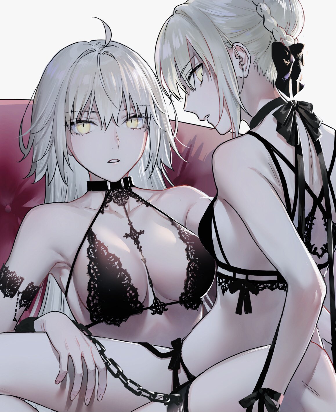 2girls ahoge armband artoria_pendragon_(fate) breasts chain choker eyebrows_visible_through_hair fate/grand_order fate_(series) grey_hair hair_between_eyes hair_bun highres jeanne_d'arc_(alter)_(fate) jeanne_d'arc_(fate) long_hair looking_at_viewer medium_breasts multiple_girls nipi27 parted_lips saber_alter simple_background sitting sitting_on_lap sitting_on_person small_breasts teeth white_background yellow_eyes