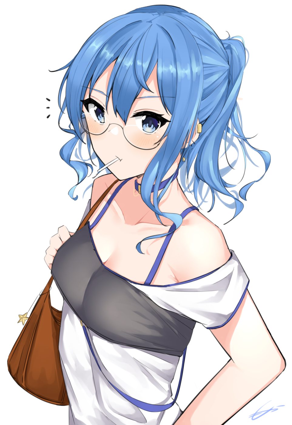 bag bandeau bangs bare_shoulders blue_choker blue_eyes blue_hair candy choker collarbone commentary_request eyebrows_visible_through_hair food food_in_mouth glasses hair_between_eyes highres holding_strap hololive hoshimachi_suisei lollipop long_hair mocacoco339 mouth_hold notice_lines off_shoulder ponytail shirt shoulder_bag sidelocks signature simple_background upper_body virtual_youtuber white_background white_shirt