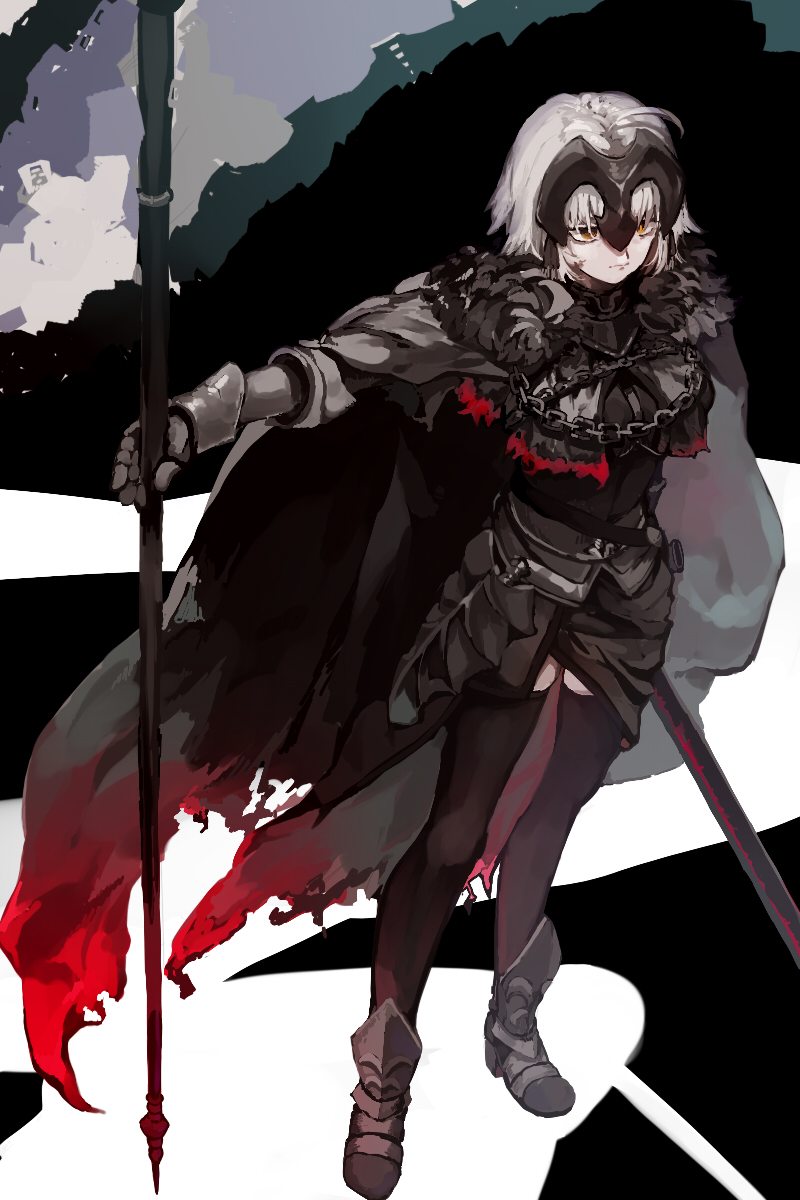 1girl armor armored_dress cape chain dress fate/grand_order fate_(series) flag headpiece highres holding holding_flag jeanne_d'arc_(alter)_(fate) jeanne_d'arc_(fate) short_hair silver_hair white_hair yellow_eyes yoyoyo_(dxayo)