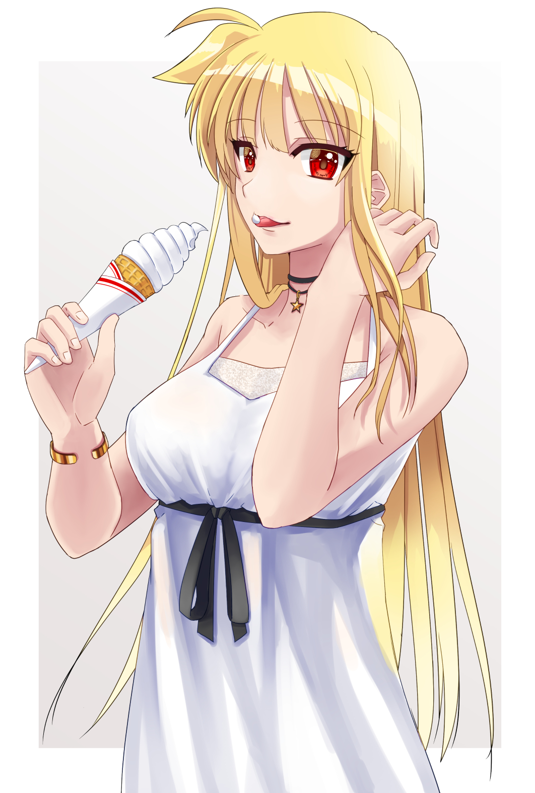 1girl bangs black_ribbon blonde_hair border bracelet breasts collarbone dress eyebrows_visible_through_hair fate_testarossa food hand_in_hair highres holding holding_food ice_cream jewelry long_hair lyrical_nanoha mahou_shoujo_lyrical_nanoha medium_breasts necklace red_eyes rei_no_himo ribbon shiny shiny_hair sleeveless sleeveless_dress solo sougetsu_izuki standing star_(symbol) star_necklace straight_hair sundress tongue tongue_out very_long_hair white_border white_dress