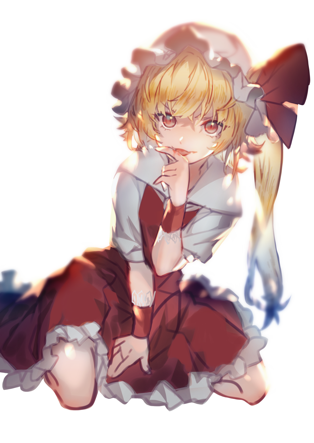 1girl :p bangs blonde_hair blood blurry bow commentary_request depth_of_field eyebrows_visible_through_hair flandre_scarlet hair_between_eyes hand_up hat hat_bow highres licking licking_finger looking_at_viewer mob_cap one_side_up petticoat puffy_short_sleeves puffy_sleeves red_bow red_eyes red_skirt red_vest short_hair short_sleeves simple_background sitting skirt solo tongue tongue_out touhou u_u_zan v-shaped_eyebrows vest wariza white_background white_headwear wrist_cuffs