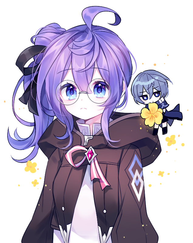 1boy 1girl ahoge bangs black_ribbon black_shorts blue_capelet blue_eyes blue_hair brown_jacket capelet chibi closed_mouth commentary_request cropped_jacket dress elsword eyebrows_visible_through_hair floating flower g_ieep glasses hair_between_eyes hair_ribbon holding holding_flower hood hood_down hooded_jacket jacket korean_commentary long_sleeves looking_away miniboy noah_(elsword) open_clothes open_jacket ponytail purple_hair ribbon short_hair shorts side_ponytail sidelocks simple_background white_background white_dress yellow_flower yuria_(elsword)