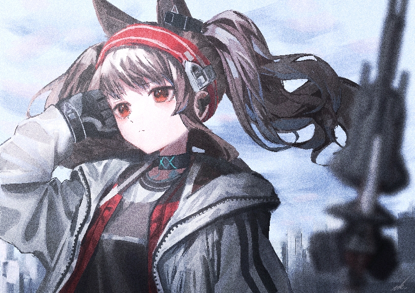 1girl angelina_(arknights) animal_ears arknights bangs black_gloves brown_hair closed_mouth fox_ears fox_girl gloves hayatelikecat headphones infection_monitor_(arknights) jacket long_sleeves red_eyes solo twintails white_jacket