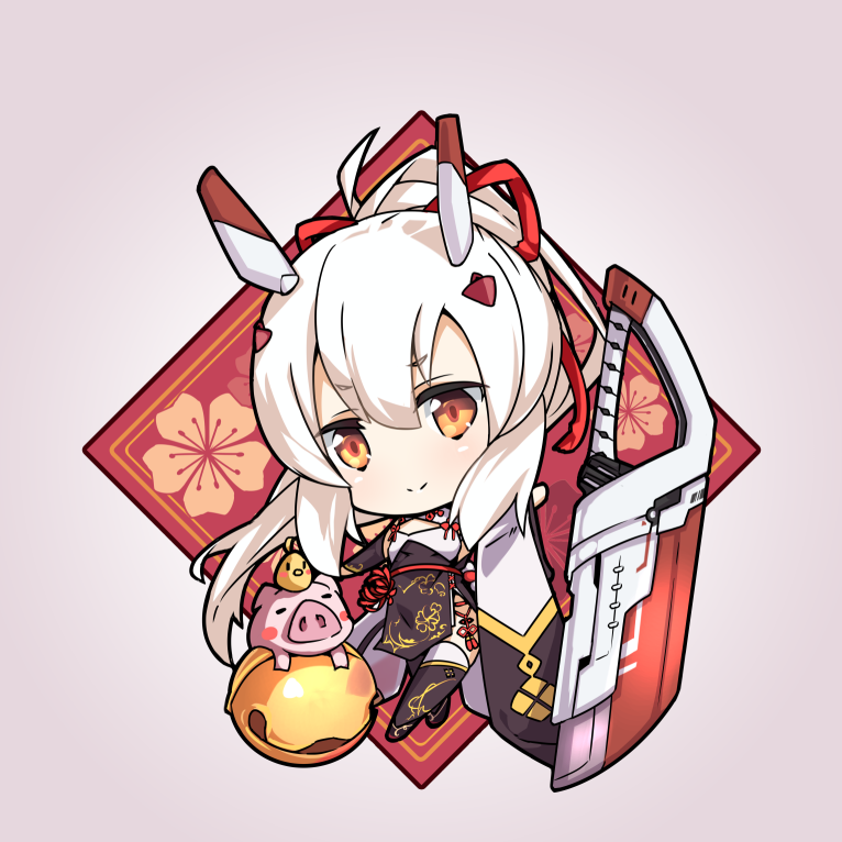 1girl ayanami_(azur_lane) ayanami_(lunar_demon_god)_(azur_lane) azur_lane bangs bell bird chibi chick chinese_clothes clip_studio_paint_(medium) commentary_request detached_sleeves eyebrows_visible_through_hair full_body greatsword hair_between_eyes hair_ornament hairclip headgear hellnyaa long_hair looking_at_viewer manjuu_(azur_lane) orange_eyes outstretched_arms pig retrofit_(azur_lane) side_slit sidelocks silver_hair simple_background smile spread_arms standing wide_sleeves
