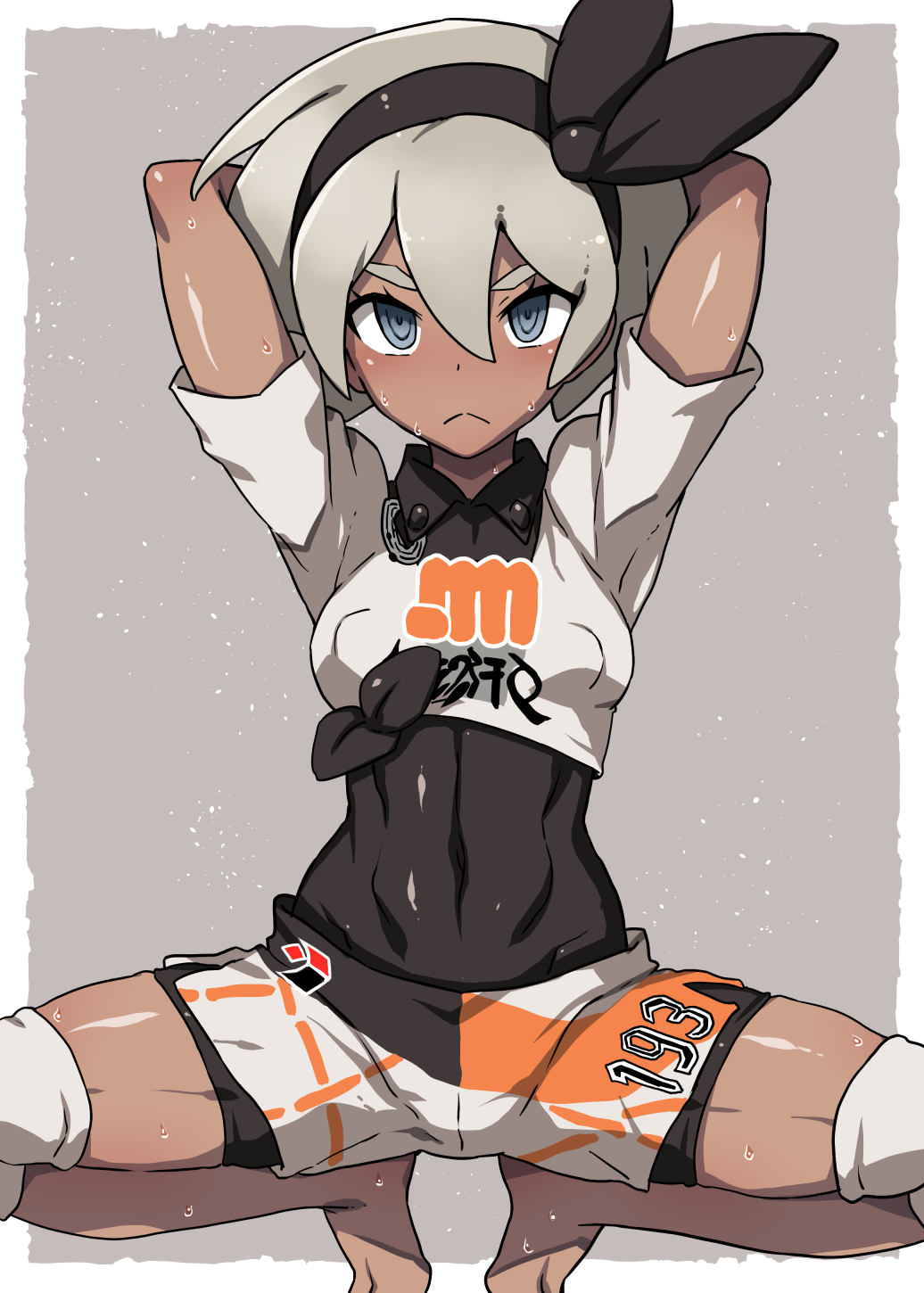 1girl :&lt; abs arms_up barefoot bea_(pokemon) bodysuit bodysuit_under_clothes commentary_request covered_navel covered_nipples dark-skinned_female dark_skin denki_showgun empty_eyes front-tie_top grey_eyes grey_hair hairband highres knee_pads looking_at_viewer pokemon pokemon_(game) pokemon_swsh short_hair shorts simple_background solo sportswear spread_legs squatting sweat tiptoes toned undershirt