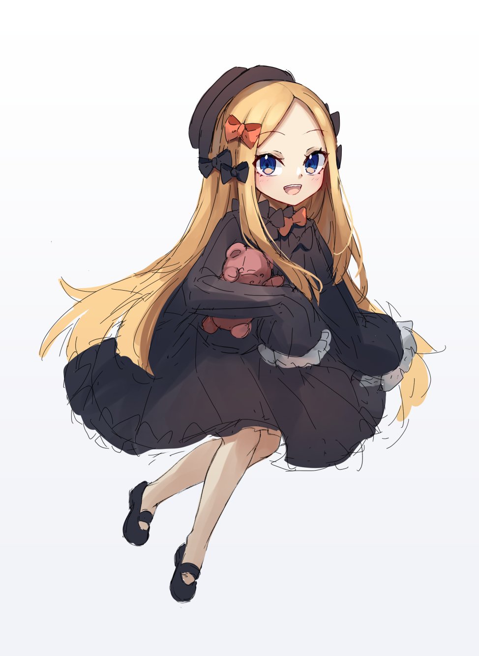 1girl :d abigail_williams_(fate) bangs black_bow black_dress black_footwear black_headwear blonde_hair blue_eyes bow dress fate/grand_order fate_(series) forehead full_body gradient gradient_background grey_background hair_bow hat highres long_sleeves looking_at_viewer miya_(miyaruta) open_mouth orange_bow parted_bangs shoes sleeves_past_fingers sleeves_past_wrists smile solo stuffed_animal stuffed_toy teddy_bear upper_teeth
