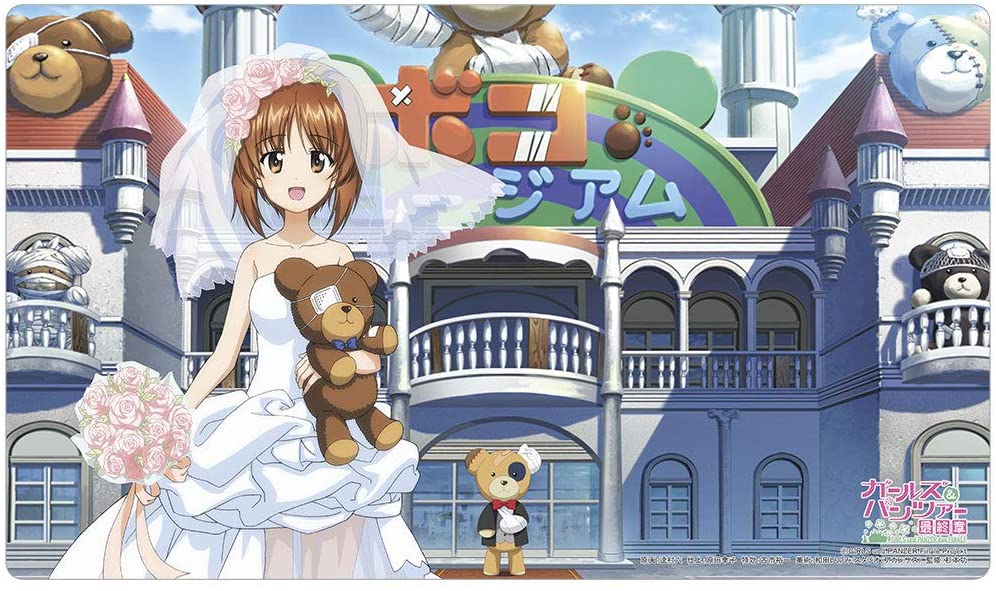 1girl bandages boko_(girls_und_panzer) bouquet bridal_veil brown_eyes brown_hair copyright_name dress flower girls_und_panzer jpeg_artifacts nishizumi_miho official_art open_mouth outdoors rose short_hair smile stuffed_animal stuffed_toy teddy_bear veil wedding_dress