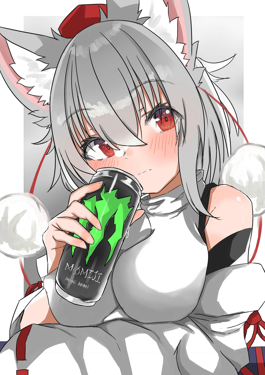 1girl animal_ears blush breasts can character_name commentary_request cropped_torso detached_sleeves energy_drink eyebrows_visible_through_hair grey_background hair_between_eyes hat highres holding holding_can inubashiri_momiji large_breasts looking_to_the_side pom_pom_(clothes) red_eyes regua short_hair silver_hair solo tokin_hat touhou wolf_ears