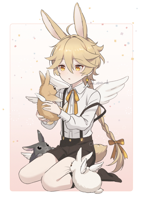 1boy aether_(genshin_impact) ahoge alternate_costume angel_wings animal animal_ears ar_(rikuesuto) bangs black_legwear blonde_hair earrings genshin_impact holding jewelry kneehighs long_hair long_sleeves male_focus off_shoulder parted_lips rabbit rabbit_boy rabbit_ears rabbit_tail shirt shorts simple_background single_earring sitting suspender_shorts suspenders tail twitter_username white_shirt wings yellow_eyes yellow_neckwear