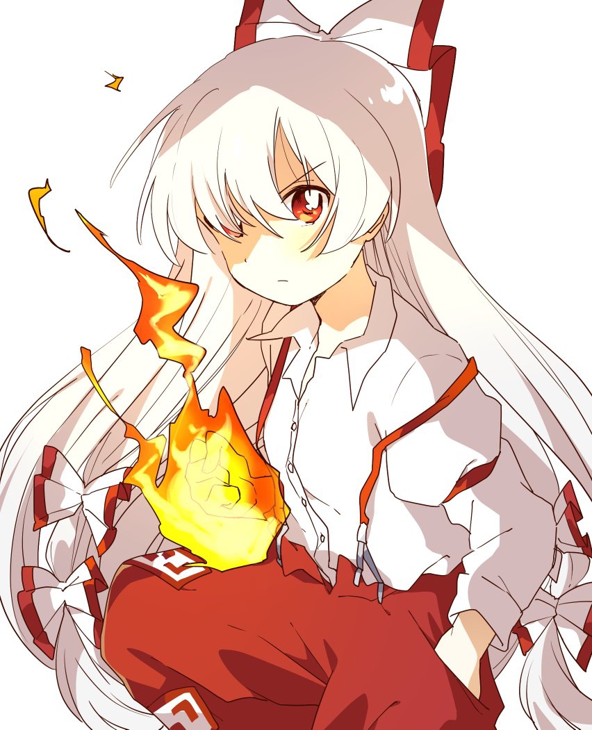 1girl bangs bow buttons closed_mouth collar collared_shirt eyebrows_visible_through_hair fire fujiwara_no_mokou hair_between_eyes hair_bow hand_in_pocket hand_up long_hair long_sleeves looking_at_viewer multicolored multicolored_bow pants puffy_sleeves red_bow red_eyes red_pants sasaki_sakiko shirt simple_background solo touhou white_background white_bow white_hair white_shirt white_sleeves