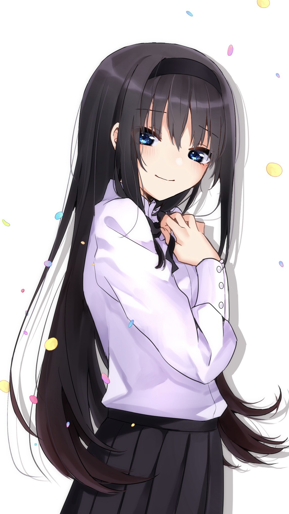 1girl bangs black_hair black_headband black_neckwear black_ribbon black_skirt blue_eyes blush buttons closed_mouth commentary_request confetti eyebrows_visible_through_hair fingernails hair_between_eyes hand_on_own_chest headband highres long_hair long_sleeves looking_at_viewer neck_ribbon ribbon shirt sidelocks simple_background skirt smile solo tanka_kikurage tohno_akiha tsukihime tsukihime_(remake) upper_body very_long_hair white_background white_shirt