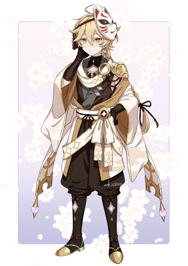 1boy adapted_costume aether_(genshin_impact) ar_(rikuesuto) bangs black_footwear blonde_hair boots braid closed_mouth earrings flower fox_mask full_body genshin_impact hair_between_eyes hand_on_hip japanese_clothes jewelry knee_boots long_hair male_focus mask mask_on_head petals simple_background single_braid single_earring solo standing twitter_username wide_sleeves yellow_eyes