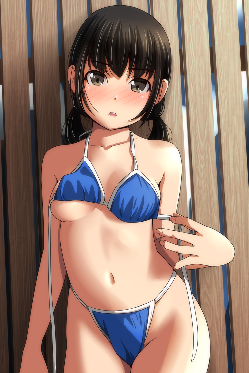 1girl arm_at_side bangs bare_shoulders bikini black_hair blue_bikini blush breasts brown_eyes collarbone cowboy_shot highres long_hair looking_at_viewer low_twintails matsunaga_kouyou navel open_mouth original small_breasts solo standing swimsuit twintails untied untied_bikini upper_teeth wooden_wall