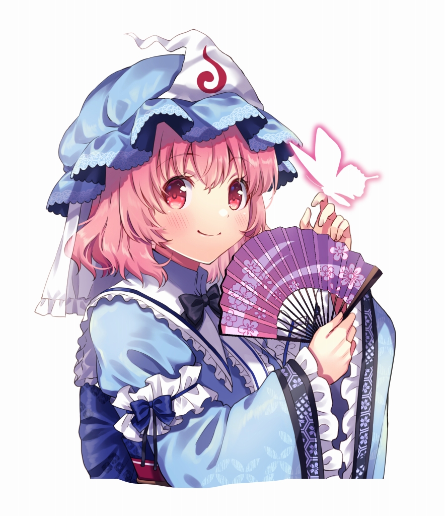 1girl arms_up black_bow black_neckwear blue_kimono blue_sash blush bow breasts breasts_apart butterfly_on_finger cropped_torso eyebrows_visible_through_hair folding_fan frilled_kimono frilled_sleeves frills hair_between_eyes hand_fan holding holding_fan japanese_clothes kapuchii kimono large_breasts looking_at_viewer pink_eyes pink_hair saigyouji_yuyuko sash short_hair simple_background solo touhou triangular_headpiece white_background