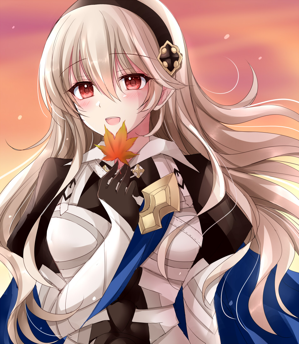 1girl armor armored_dress autumn autumn_leaves bangs black_dress black_gloves black_hairband blue_cape blush breastplate cape commentary_request corrin_(fire_emblem) corrin_(fire_emblem)_(female) dress eyebrows_visible_through_hair fire_emblem fire_emblem_fates gloves hair_between_eyes hairband holding holding_leaf juliet_sleeves kirishima_riona leaf long_hair long_sleeves looking_away manakete open_mouth orange_sky outdoors pointy_ears puffy_sleeves red_eyes sidelocks silver_hair sky smile solo upper_teeth