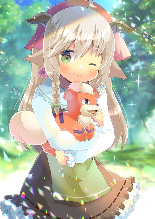 1girl ;) animal_ears bangs blurry blurry_background blush brown_dress brown_hair character_name closed_mouth commission day depth_of_field dress eyebrows_visible_through_hair fang fang_out frilled_dress frills green_eyes growlithe hair_between_eyes head_scarf horns hug kou_hiyoyo lens_flare long_hair long_sleeves looking_at_viewer one_eye_closed outdoors pokemon puffy_long_sleeves puffy_sleeves shirt skeb_commission sleeveless sleeveless_dress sleeves_past_wrists smile very_long_hair white_shirt