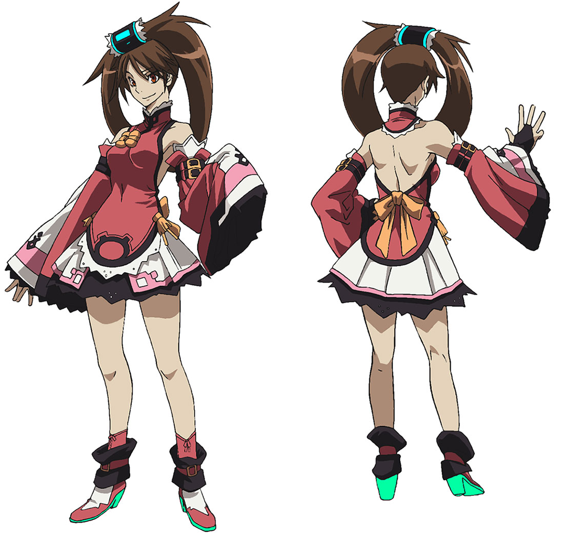 1girl ankle_boots boots brown_hair character_sheet chinese_clothes dress guilty_gear guilty_gear_vastedge_xt hair_ring hair_rings kuradoberi_jam long_hair long_sleeves official_art red_dress twintails very_long_hair