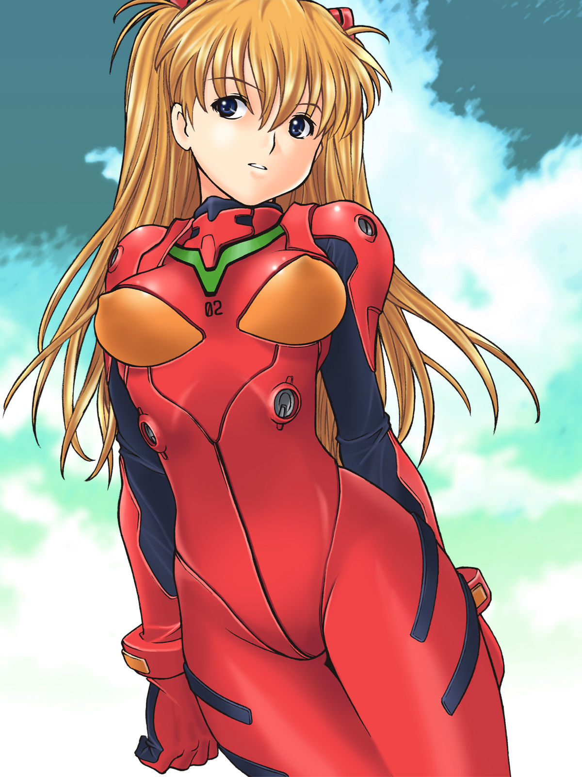 1girl arms_at_sides bangs blue_eyes bodysuit breasts clouds covered_nipples cowboy_shot curled_fingers hair_between_eyes highres interface_headset large_breasts long_hair looking_away neon_genesis_evangelion non-web_source orange_hair outdoors parted_lips plugsuit red_bodysuit senbata-rou sky solo souryuu_asuka_langley