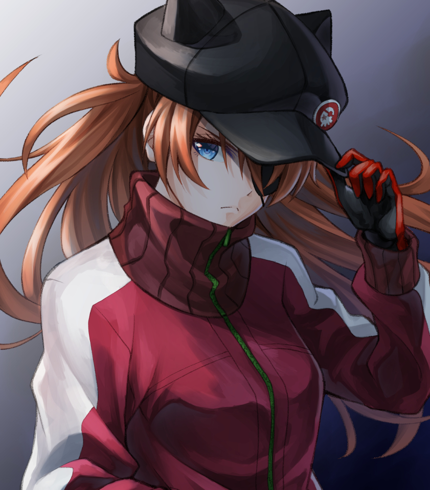 1girl baseball_cap black_headwear blue_eyes brown_hair closed_mouth eyepatch floating_hair frown hat jacket long_hair long_sleeves looking_at_viewer neon_genesis_evangelion red_jacket solo souryuu_asuka_langley ten_(tenchan_man) turtleneck upper_body very_long_hair