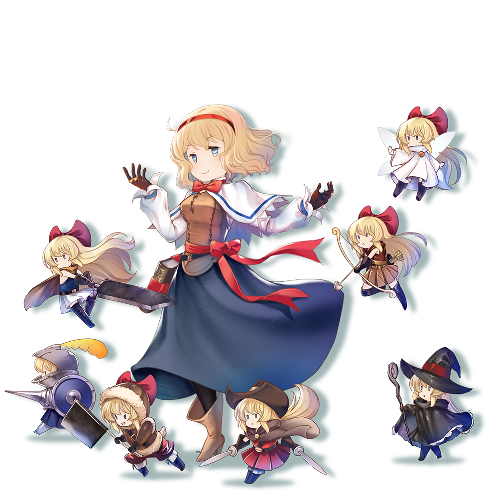 1girl :&lt; alice_margatroid arrow_(projectile) axe black_legwear blonde_hair blue_eyes blush book boots bow bow_(weapon) breasts brown_footwear brown_gloves capelet doll dual_wielding eyebrows_visible_through_hair fairy_wings fur_trim gloves hairband hat hataraki_kuma headband holding hourai_doll lance large_breasts long_hair long_sleeves looking_at_viewer polearm red_bow red_hairband red_neckwear red_ribbon red_skirt ribbon shanghai_doll shield short_hair skirt smile staff sword touhou weapon white_background white_capelet wings witch_hat